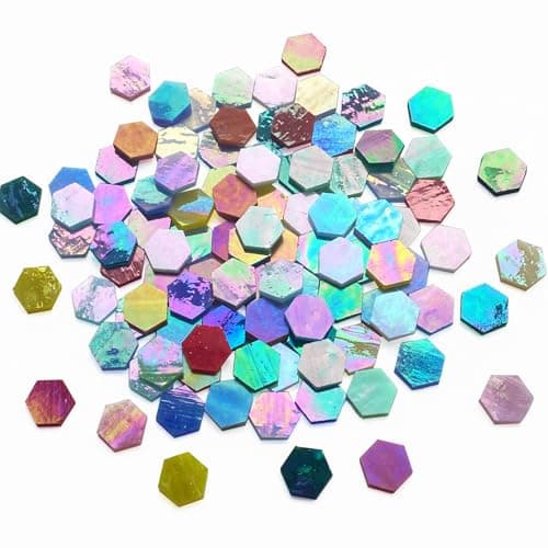 Image of KALUCION 100 Pieces Hexagon Mosaic Tiles for Crafts Bulk, Iridescent Stained Glass Pieces Precut Hexagons for Mosaic Projects, Home Decor