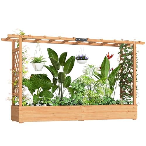 Image of Outsunny Garden Planter with Trellis, Wooden Raised Bed for Garden with Hanging Roof and Drainage Holes, Outdoor Trellis Planter Box for Vegetables, Herbs and Flowers, 200 x 44 x 113.5 cm, Natural
