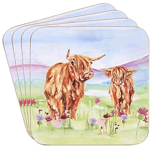 Image of The Leonardo Collection Jennifer Rose Gallery Highland Cow Coasters Set of 4 | Country Farmhouse Drinks Coasters for Home & Kitchen | Rustic Table Protectors & Gift for Animal Lovers Women & Men