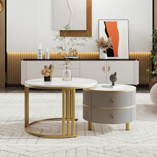 Image of BTM 2-in-1 MDF Round Coffee Tables, Gold Coffee Table with Glossy & Marble Tabletop and 2 Drawers, Grey and Gold Nest of Tables,70x70x46+50x50x40 cm