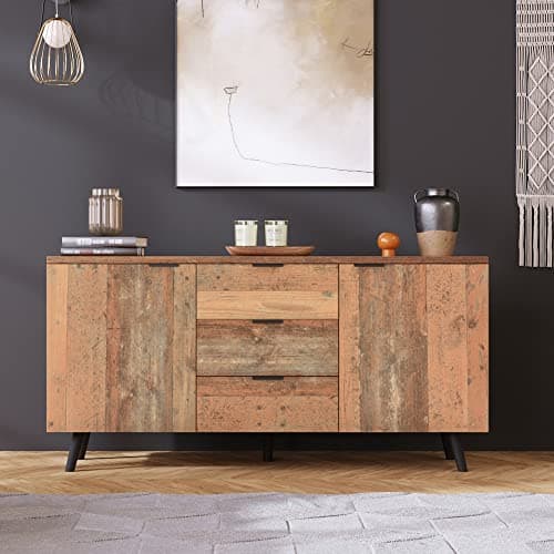 Image of Merax Stylish Sideboard Storage Cabinet, Elegant TV Stand with Adjustable Shelves, Vertical Design, 3 Spacious Drawers for Living Room, Dining Room, or Bedroom, Vintage Brown, 140 x 35 x 70 CM