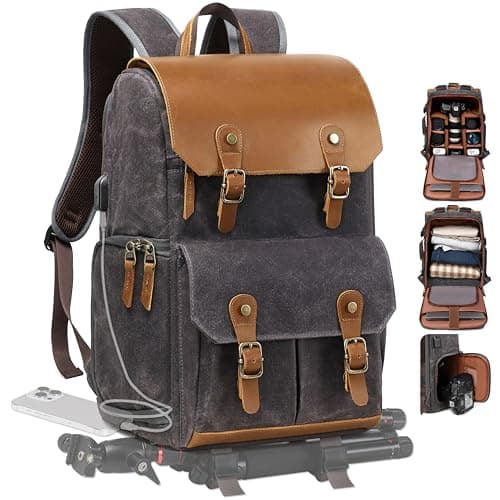 Image of Padwa Lifestyle Black Gray Waxed Memory Canvas Camera Backpack - Weather Resistant Camera Backpacks for Photographers,Multi DSLR SLR Camera Bag with 16” Laptop & Lens Compartment and Tripod Holder