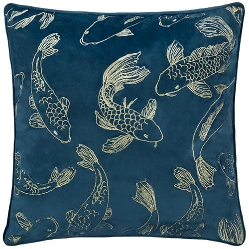 Image of Paoletti Koi Pond Embroidered Velvet Cushion Cover - Navy - 50x50cm