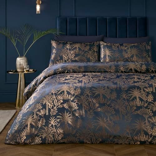 Image of Soiree Midnight Palm Duvet Cover Set, 100% Recycled Polyester, King Size 230x220cm, Navy, Jacquard, Palm Leaf Pattern, 2 Pillowcases