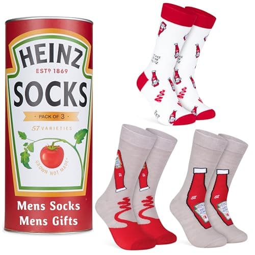 Image of HEINZ Mens Socks Pack of 3 Ketchup Baked Beans Crew Socks for Men Teenagers Soft Breathable Size 8-11 Gifts for Him (Red Ketchup)
