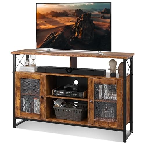 Image of WLIVE TV Stand Cabinet, TV Unit for 55 Inch TV, Tall TV Unit Cabinet, TV Stand with 2 Doors, Buffet Table, Sideboard, for Living Room, Wooden Industrial TV Console, 128 x 36 x 82 CM, Rustic Brown