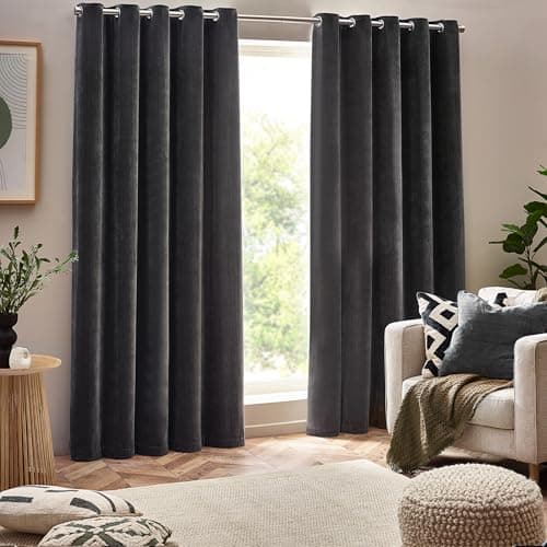 Image of Yard furn Heavy Chenille Eyelet Curtain Pair – Lined Room Darkening Soft Velvet Curtains (Charcoal - Width 168 x Drop 229cm)