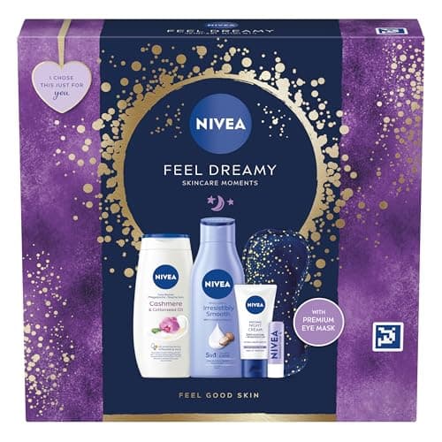 Image of NIVEA Feel Dreamy Gift Set (5 Products), Women's Gift Set with Beauty Products, Includes Shower Cream, Body Lotion, Night Cream, Lip Balm, and Eye Mask