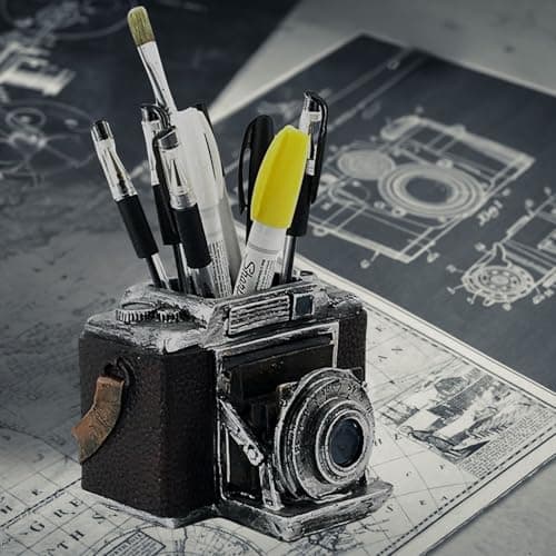 Image of Bellaa 24094 Camera Pen Pencil Holder Cup Office Retro Antiques Desk Organizer Rustic Shabby Chic Bookends Bookshelf Book Support Vintage Old World Decor 6 inch