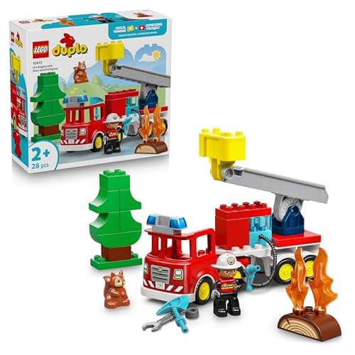 Image of LEGO DUPLO Fire Engine with Hose and Firefighter - Educational Motor Skills Toy - Red Truck w/a Ladder, Figure and a Squirrel - Birthday Gift for 2+ Year Old Boys & Girls - 10473