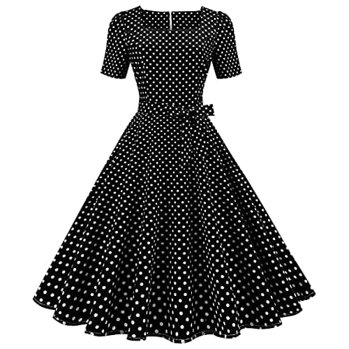 Image of 1950s Dresses for Women UK Vintage Elegant 1940s 50s Style Audrey Hepburn Rockabilly Short Sleeve Polka Dots A Line Swing Midi Skater Tea Dress Cocktail Party Evening Prom Gown Plus Size B#Black S