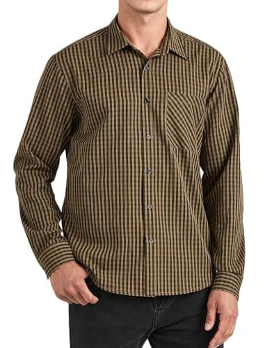 Image of Enlision Checked Shirt Mens Long Sleeve Plaid Work Shirts for Men Smart Casual Button Down Tartan Lumberjack Top with Pocket Regular Fit, Brown and Black, 3XL