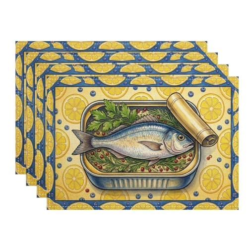 Image of Artistic Fish Placemats, Vintage Lemon Print Place Mats for Dining Table, Summer Kitchen Non-Slip Washable Indoor Outdoor Decorative Placemat Set of 4