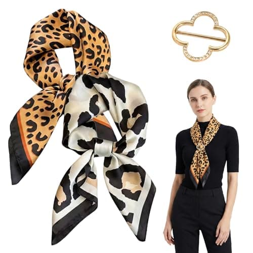 Image of GMBANK 2 Pack Leopard Print Silk Square Scarves For Women, Neck Scarf For Women With Scarf Clip, Neck Scarf, Square Scarf And Hair Bandana For Summer Beach Travel Vacation Sports