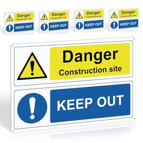 Image of 5Pcs Danger Construction Site Keep Out Signs - Safety Warning Sign Set, 300x200mm, 1mm PVC Rigid Plastic, 4 Pre-Drilled Holes and Self-adhesive Backing