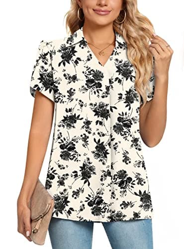 Image of Aodemo Women's Summer Collared V Neck Chiffon Blouse Dressy Business Tunic Petal Short Sleeve Office Shirt Tops for Work XL, Black Flower White