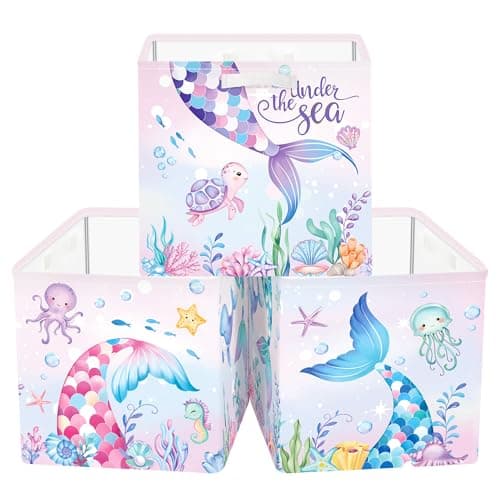Image of Clastyle 3 pcs Mermaid Kids Cube Storage Unit Boxes Foldable Storage Baskets for Shelves Girls Nursery Hamper Basket Book Clothes Toy Box Organizer,Colorful Tail,11.8x11.8x11.8 in
