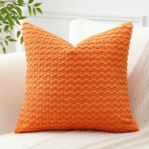 Image of Artscope Pom Poms Decorative Corduroy Cushion Cover 40x40cm Super Soft Boho Striped Square Pillow Covers Case Geometric for Sofa Couch Bedroom Car Decor Set of 1, Orange