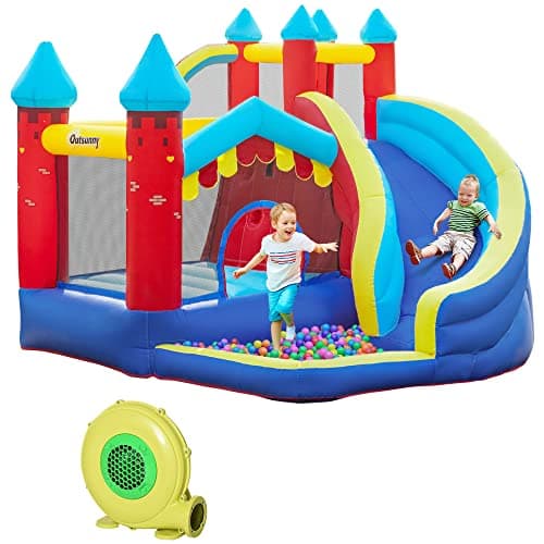 Image of Outsunny Kids Bouncy Castle, 4 In 1 Large Inflatable Bounce House w/Trampoline, Slide, Water Pool, Ball Pit, Climbing Wall, Includes Blower, Bag, Ages 3-8 Years, 2.9 x 2.7 x 2.3 m