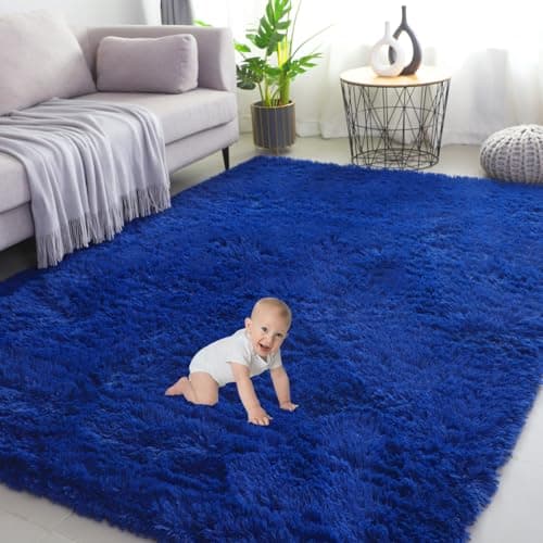 Image of Gsogcax Rugs Living Room 4'×5.3' Super Soft Fluffy Area Rugs for Bedroom Shaggy Anti-Skid Comfortable Large Rugs Indoor Modern Home Decor Floor Carpet - Royal Blue 120x160