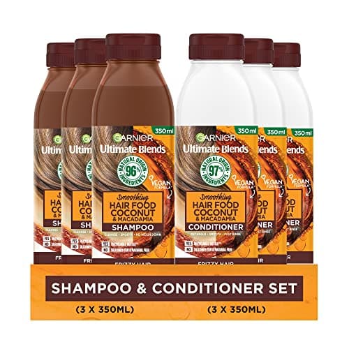 Image of Garnier Shampoo & Conditioner Set by Ultimate Blends, Smoothing Coconut Hair Food For Curly and Frizzy Hair, 98 Percent Natural Origin Ingredients,3 x 350ml Shampoo and 3 x 350ml Conditioner