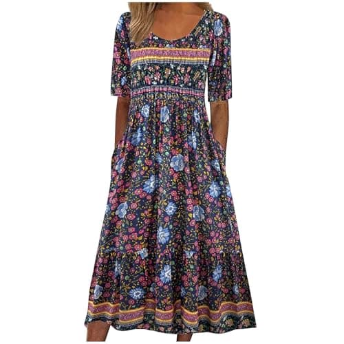 Image of Boho Dresses for Women UK Clearance Italian Short Sleeve Button V Neck Dress with Pocket Ladies Floral Casual Sundress Elegant Swing Midi Dress Loose Pullover Lounge Dresses Beach Holiday Sundress