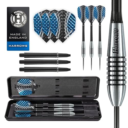 Image of Harrows Bomber 85% Tungsten Darts | Steel Tip Darts set with carry case | 21g, 23g, 25g & 27g | Includes Black Nylon Shafts & 100 Micron Dimplex Flights 21g