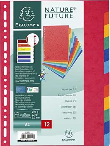 Image of Exacompta - Ref 1412E - Nature Future Dividers - Suitable for A4 Documents, Pre-Punched, 225gsm Genuine Pressboard, 12-Part Dividers, FSC-Certified - Multi-Coloured