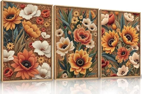 Image of TOARTi Boho Flower Botanical Framed Canvas Wall Art,Abstract Floral Wall Decor,Embroidery Plant Wall Painting,Bloom Wildflower Artwork for Living Room,Bedroom,Dining Room,Office 12x16inchx3