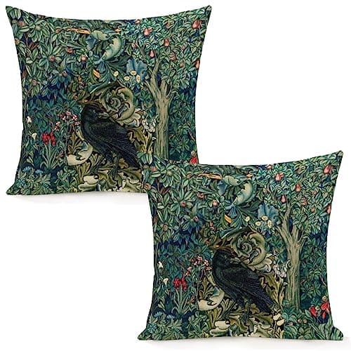 Image of Set Of 2 William Forest Raven On Acanthus Leaves Blue Green Floral Morris Throw Pillow Covers 18x18 Inch Aesthetic Pillow For Bedroom Pillowcase Home Decor Living Room Cushion Case For Bed Sofa Couch
