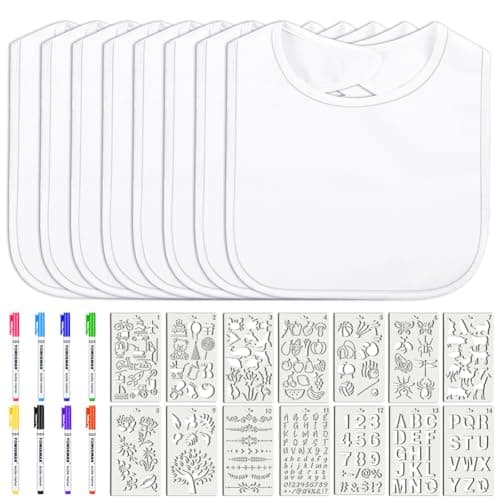 Image of Vicloon Baby Bibs for Painting, 30 Pcs DIY Bib for Baby Shower Games, White Bib Set with 8 Toddler Bibs 14 Stencils 8 Pens, Gift for Newborn (30 * 20cm)