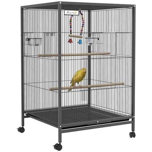 Image of PawHut Bird Cage, Budgie Cage, Parrot Cage, with Rolling Stand, Stainless Steel Bowls, Swings, Removable Tray for Small Parrot, Budgie, Lovebird - Grey