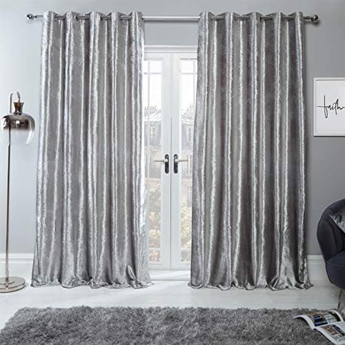 Image of Sienna 2 Panel Crushed Velvet Curtain Eyelet Ring Top Pair of Fully Lined Curtains, Soft Luxury Thermal Insulated Curtains Window Treatment 46" x 54", Silver