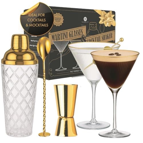 Image of Vemacity Glass Cocktail Making Kit + 2 Ribbed Martini Glasses with Gold Rims | 500ml Glass Shaker with Gold Lid & Strainer, Spoon & Jigger | Luxury Cocktail Gift Set in Box | Ideal for Gifting