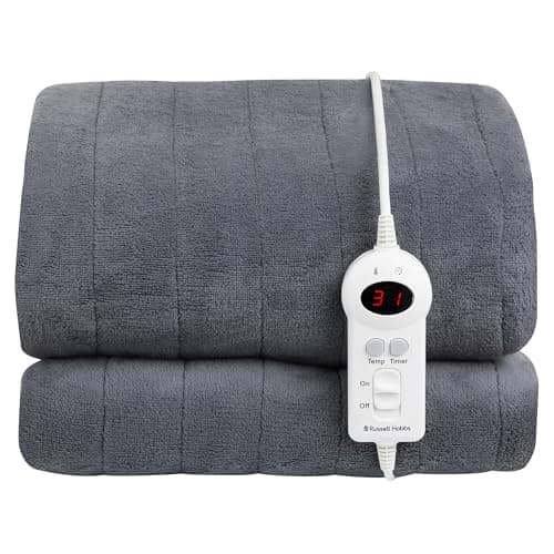 Image of Russell Hobbs Electric Blanket Grey Heated Throw Microfleece 130 x 180 cm with Digital Remote, Auto Shutoff Overheat Protection 12 Hour Timer, 9 Heat Settings RHHT1004GR