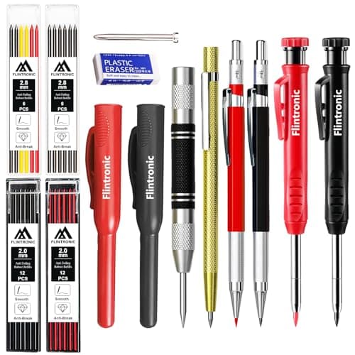 Image of flintronic 14Pack Carpenter Pencil Set with Sharpener, Mechanical Carpenter Pencils with 40 Refills, Automatic Center Punch, Carbide Scribe Tool, Heavy Duty Construction Pencil for Architect