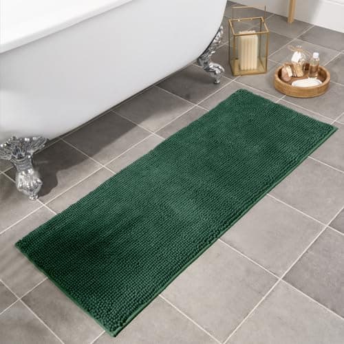 Image of Brentfords Forest Green Bath Mat Runner, Non Slip Noodle Chenille Shower Bobble Bathroom Rug Highly Absorbent Safe Washable Floor Mats - 45 x 110cm