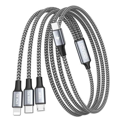 Image of RAVIAD 100W USB C Multi Charger Cable [1.2M] 3 in 1 Fast Charging Cable with E-Mark Chip, USB C PD [100W]+Lightning[27W]+Micro[10W] for Galaxy S24/S23, iPhone 15/14/13, MacBook Pro/Air, Pad Pro/Air