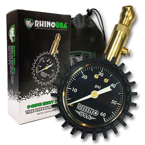 Image of Rhino USA Heavy Duty Tyre Pressure Gauge (0-60 PSI) - Certified ANSI B40.1 Accurate, Large Glow Dial, 360 Swivel Head, Solid Brass Hardware - Car Tyre Pressure Gauge for Any Car, Truck, Motorbike, RV