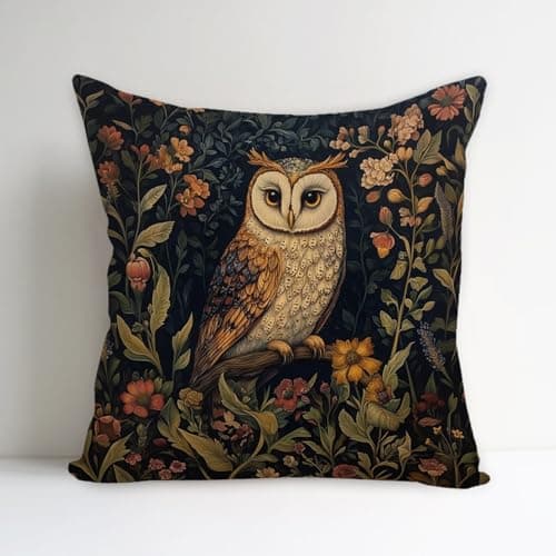 Image of SUNFYCN William Morris Abstract Vintage Floral Velvet Owl Design Throw Pillow Cover Home Decor, Art Deco Pillowcase Cushion Cover for Bed Sofa Living Room, Square Pillow Case 18x18inch (Black Owl)