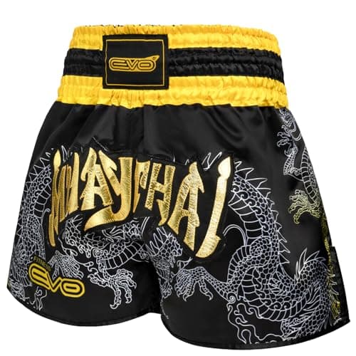 Image of EVO Fitness Muay Thai Shorts MMA Martial Arts Grappling Kick Boxing UFC Cage Fighting Gym Training Men Women Clothing Gear (UK, Alpha,Regular, Regular, Black & Golden, XS)