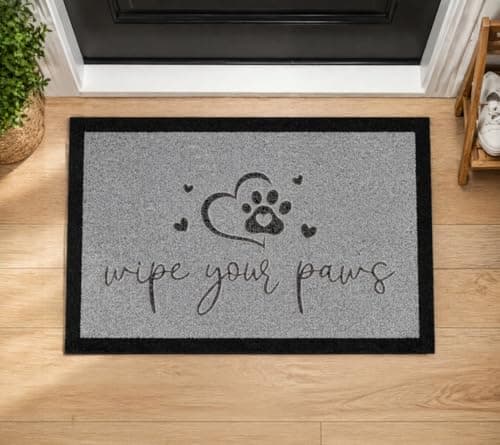 Image of Gifts Unseen Wipe Your Paws Doormat, Grey and Black, 70x40cm, Non-Slip Rubber Backing, Machine Washable, Novelty Pet Design