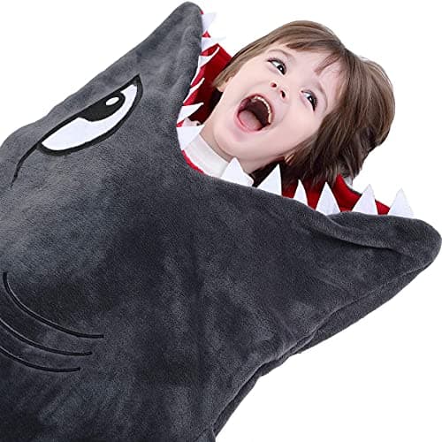 Image of CozyBomB Cozy Shark Tails Blanket for Kids - Smooth One Piece Blankie Design - Durable Seamless Plush Throw - Grey Sleeping Bag with Fin - Christmas Birthday Gifts for Boys & Girls