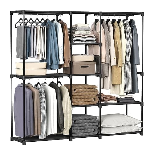 Image of SONGMICS Portable Open Wardrobe, Clothes Rack, Freestanding Wardrobe with Clothes Rails and Fabric Shelves for Bedroom, 43 x 182 x 182 cm Black RYG037B02