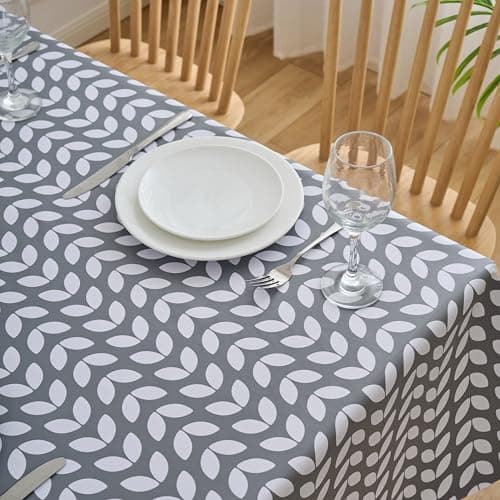 Image of Dehaus® Wipe Clean Table Cloth - Grey Petal Parade - Wipeable PVC Oilcloth Table Cover - Rectangular Plastic Vinyl Tablecloth - Water Resistant Easy Clean - Kitchen or Dining Protector (200 x 140cm)