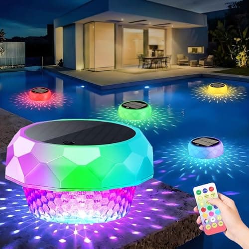 Image of Joycome Floating Solar Pool Lights with Remote Control, RGB Tub Light Solar Powered IP68 Waterproof Pond Lamp for Bathing Time, Ponds, Swimming Pool, Party Decorations
