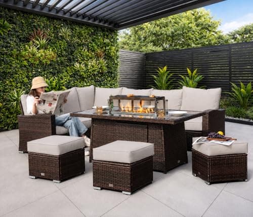 Image of Rattan Garden Furniture with Fire Pit Table - 8 / 9 Seater Outdoor Furniture Rattan Corner Sofa Corner Garden Patio Sets - FREE RAIN COVER (Dark Brown, Left or Right Hand - Firepit Table)