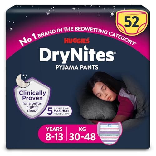Image of HUGGIES DryNites, Pyjama Pants, Girls 8-13 Years (30-48KG), 52 x Bedwetting Pants, Up to 100% Leak Free Nights
