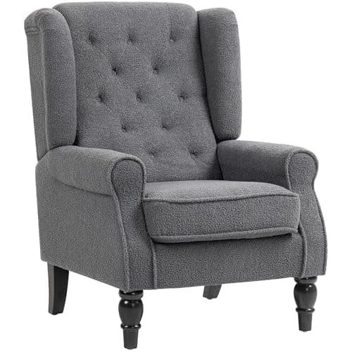 Image of HOMCOM Wingback Accent Chair, Teddy Fleece Armchair with Thick Spring Cushion, High Back, Solid Wood Legs, Retro Button Tufted Reading Chair for Living Room, Bedroom, Dark Grey