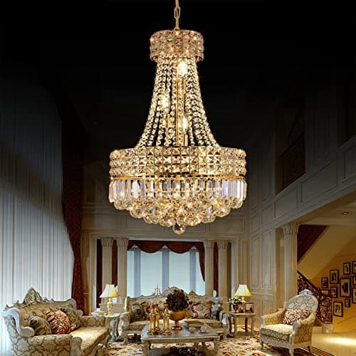 Image of MSSIAN Modern Gold Empire Crystal Chandelier, Luxury Contemporary Oval Large Hanging Ceiling Light E14*6 Lights, 35.4 Inches Adjustable Chain, Dimmable for Staircase Kitchen Hallway D42cm